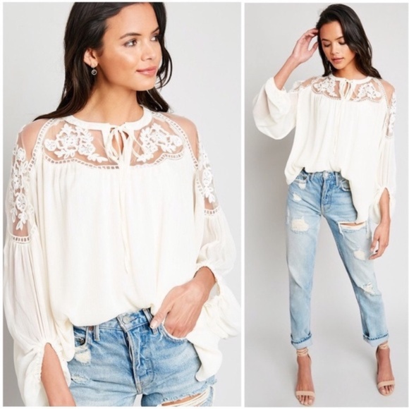 Tops - SOLD OUT White Lace Sheer Tie Front Peasant Boho Top Blouse